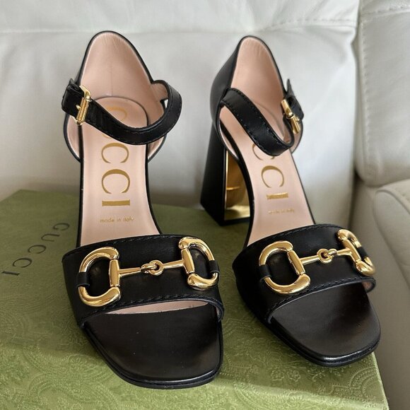 NEW GUCCI JUMBO HEELS HORSEBIT BLACK LEATHER GOLD SZ 38.5 Sandals Shoes - Picture 6 of 13